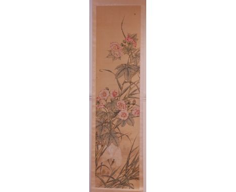 A Chinese Kuang-Hsu period silkwork scroll painting, depicting a bird amidst flowers and bullrushes,watercolour on paper with