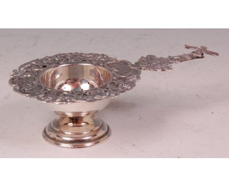 A circa 1900 Dutch silver PLATED tea strainer on stand, the handle modelled as a windmill, the strainer within a scroll pierc