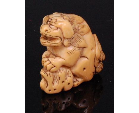 A Japanese carved ivory netsuke of a shishi crouching over a rock, with penwork decoration, unsigned, Meiji period, 3.5cm  Co