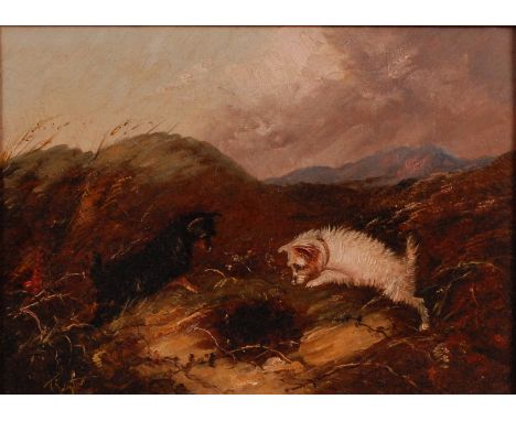 J Langlois - Terriers ratting within a landscape, oil on canvas, signed lower left, 25 x 35cm Condition Report / Extra Inform