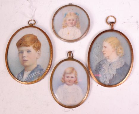 K H Brady - A set of four Edwardian family portrait miniatures of children, watercolours on ivories, with body colour, three 