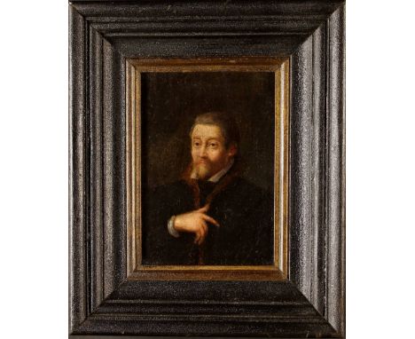 A 16th Century English School. Oil on Canvas laid on a Mahogany Panel: Portrait of a Bearded Aristocratic Gent wearing a blac