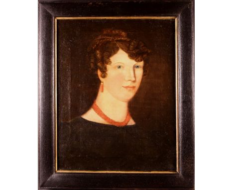 English Provincial School 1840. An Oil on Canvas: Head & Shoulders Portrait of a Lady wearing a coral necklace and earrings, 