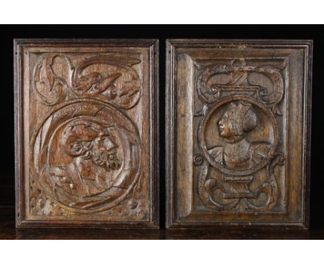 Two 16th Century Carved Oak Romayne Panels each depicting a head & shoulder profiled portrait in a roundel amidst scrolling o