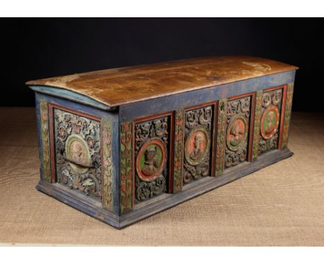 A Rare, Large & Impressive Polychromed Renaissance Period 'Romayne' type Coffer with domed lid. The front frieze rail bearing