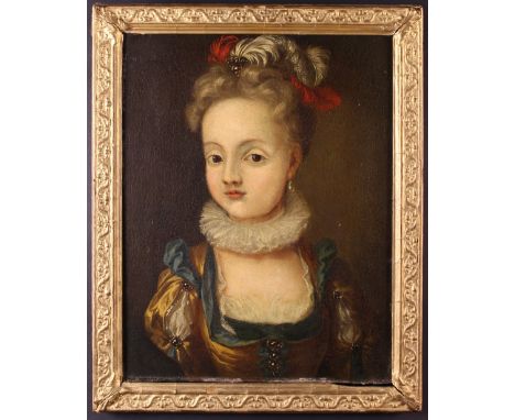 A Late 17th Century Oil on Canvas: Head & shoulder portrait of a young girl wearing plumes of feathers in her hair, a ruff co