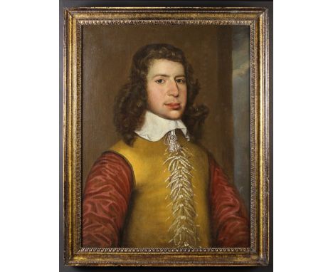 Circle of William Dodson (1611-1646). Oil on Canvas: Head & Shoulders Portrait of a Young Gent wearing an elaborately buttone