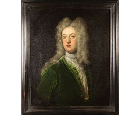 Circle of Charles Jervas (1675-1739): Oil on Canvas: Portrait of a Be-wigged Aristocratic Gent wearing lace jabot and green t