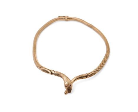 9ct gold expanding snake head necklet, fully hallmarked for Birmingham 1977, makers Cropp &amp; Farr, weight 29.2g,  set with