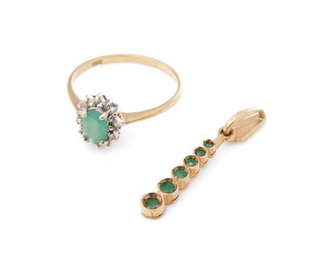 9ct gold ring set with green and white stones together with a similar pendant, 2.4 grams (2).  