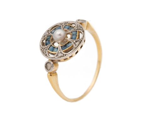 18ct gold Art Deco style ring set with diamonds, sapphires and a seed pearl, size P, 2.6 grams.  
