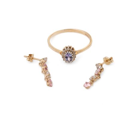 9ct gold pale stone and illusion set diamond ring, size Q, with earrings combined 2.3 grams.  