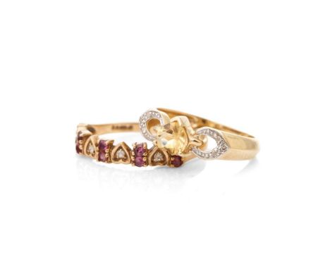 A 9ct gold heart ring, size M, with a similar diamond and ruby heart ring, size R, combined 3.4 grams (2).  