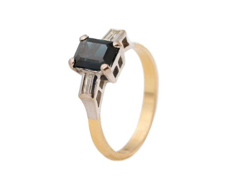 18ct gold and platinum ladies ring flanked by rectangular diamonds and a central sapphire, size L, 3.1 grams. Sold on behalf 