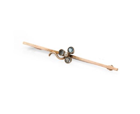 9ct gold aqua marine and pearl bar brooch, 1.5 grams, 50mm wide.  