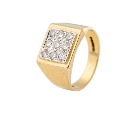 Gents yellow gold 18ct dress ring set with 9 diamonds in a white gold setting.  Ring size Q, weight of ring 8.7g.  Diamond di