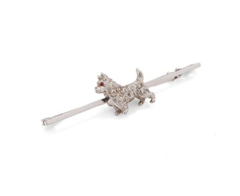 14ct white gold bar brooch with a terrier dog set with a ruby and diamonds, 3.9 grams, 5cm wide.  Stamped 14ct and tests as.