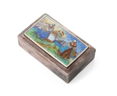 Silver plated cigarette box with enamelled decoration with Dutch scenes, 14cm x 8.5cm.  Some crazing to enamel.