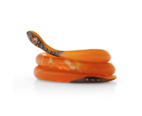 Silver and amber snake scarf clip, 4.7 grams.  