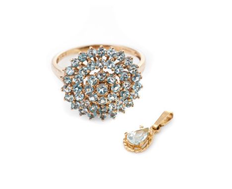 9ct gold ring set with light blue stones together with a matching pendant, 3.8 grams (2).  