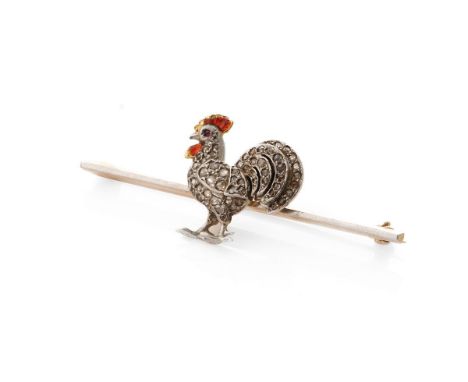 Antique 18ct gold and platinum bar brooch with enamelled cockerel set with old cut diamonds and a ruby, 8.9 grams, 5cm wide. 