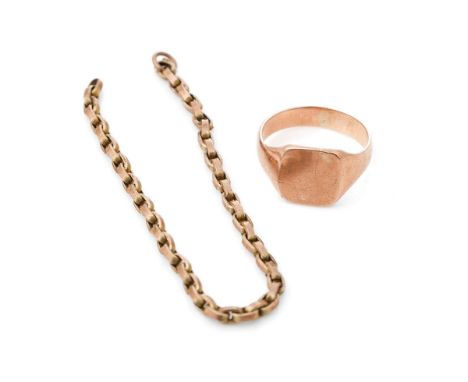 9ct rose gold gentleman's signet ring without engraving, size Q, with a 9ct gold scrap chain, combined weight 7.3 grams.  