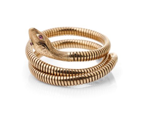 9ct gold expanding snake head bangle, fully hallmarked for Chester 1961, makers Smith &amp; Pepper, weight 29.3g,  set with r