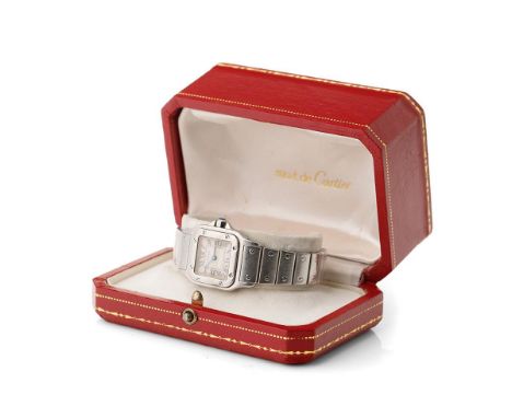 Must De Cartier 'Santos Galbee' ladies bracelet watch. Stainless steel case with  Roman numerals. Original bracelet with doub