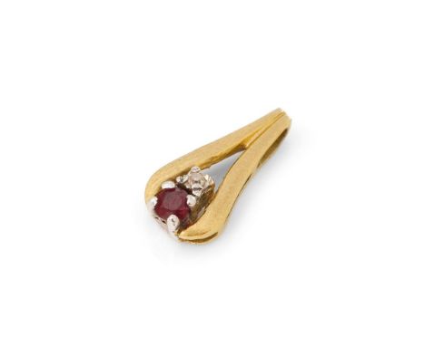 18ct gold pendant set with a ruby and a diamond, 1.3 grams, 16mm tall.  