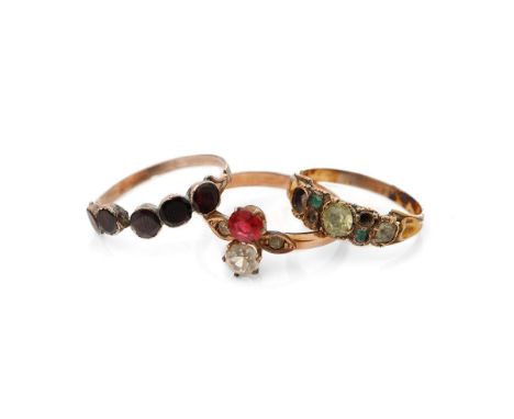 A trio of antique rings to include a 9ct rose gold and 5 stone garnet ring, a yellow metal (tests as 9ct but potentially 12ct