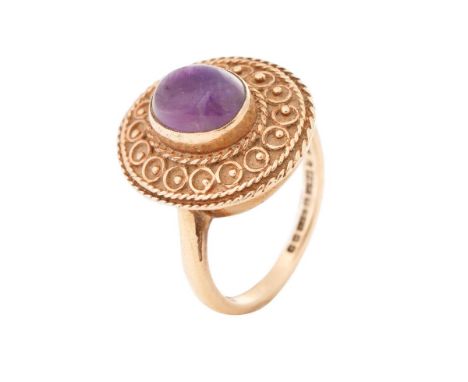 9ct gold ladies ring with ornate setting with polished cabachon stone, 5.9 grams, size M.  