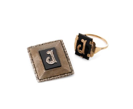 9ct gold and black onyx ring (3.30g) with initial J, together with an associated Chester silver hallmarked brooch also bearin