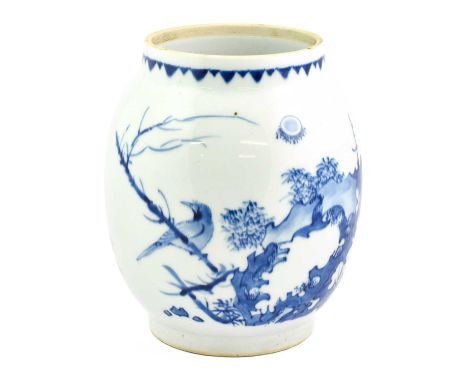 A Chinese Porcelain Vase, in Transitional style, of ovoid form, painted with a bird perched on a branch amongst foliage and r