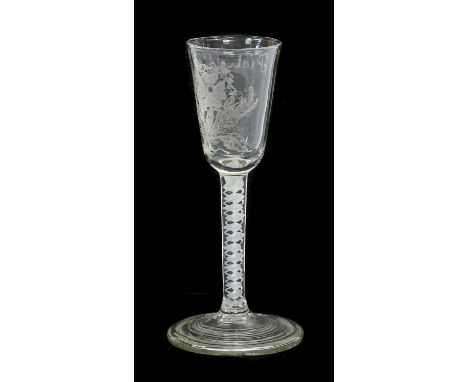 A Wine Glass, circa 1750, the rounded funnel bowl engraved with a rose, the reverse inscribed Fiat, on an opaque twist stem a