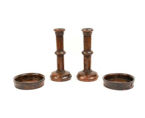 A Pair of Turned Yew Candlesticks, 19th century, the plain cylindrical stems with blade knops on stepped feet24cm highA Simil