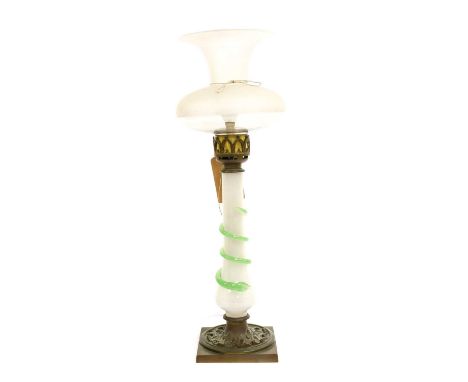 A Metal-Mounted Opaque White Glass Lamp Base, circa 1880, with frosted glass shade, arcaded collar and baluster stem applied 