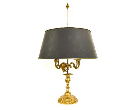 A Gilt Metal Four-Light Table Lamp, with urn finial on steel column with adjustable shade and scroll branches, on a knopped s