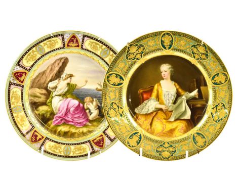A "Vienna" Porcelain Cabinet Place, circa 1900, decorated with a portrait of Madame Pompadour within a green border gilt with