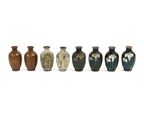 An Unusual Set of Eight Japanese Cloisonne Vases, Meiji Period, showing four stages of the manufacturing process9.5cm highCom