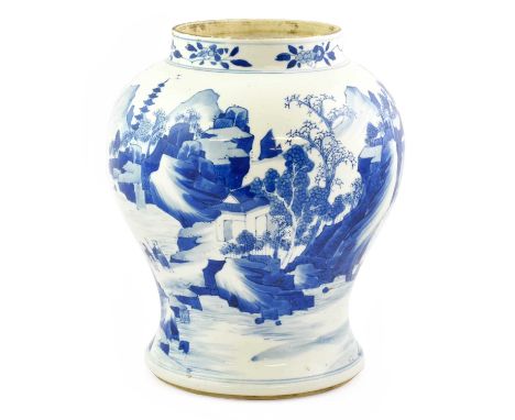 A Chinese Porcelain Jar, in Kangxi style, painted in underglaze blue with figures in a mountainous river landscape27cm highCo