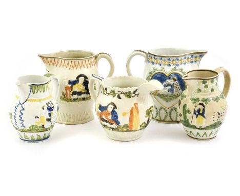 A Prattware Jug, circa 1800, moulded with "Sportive Innocence" and "Mischievous Sport"15.5cmFour Similar Various Jugs (5)Spor