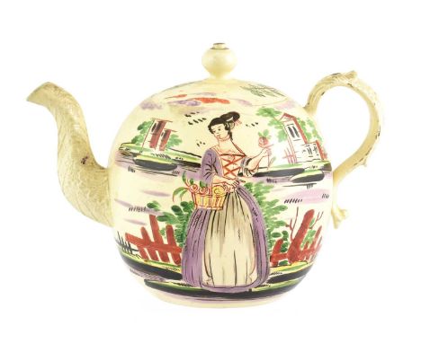 A Creamware Teapot and Cover, circa 1760, of ovoid form with crabstock handle and spout and painted in the manner Robinson &a