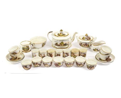 A Machin & Co. Porcelain Tea and Coffee Service, circa 1833, painted in coloured enamels with romantic landscapes within gilt