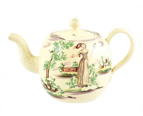 A Creamware Teapot and Cover, circa 1770, of globular form, painted in the manner of Robinson &amp; Rhodes with a shepherdess