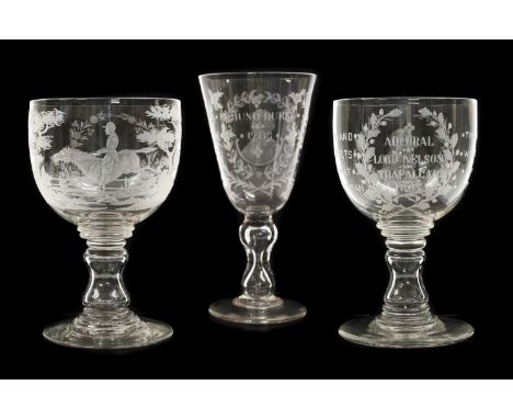 A Glass Goblet, possibly T&amp;R Pugh, Dublin, circa 1870, the rounded funnel bowl engraved in the manner of Joseph Eisert wi