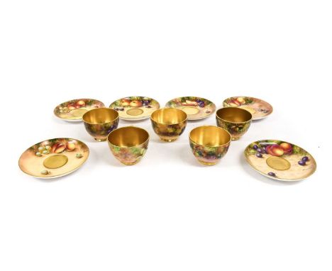 A Set of Five Royal Worcester Porcelain Teacups and Six Saucers, by Freeman, Cook, Higgins and others, 2nd half 20th century,
