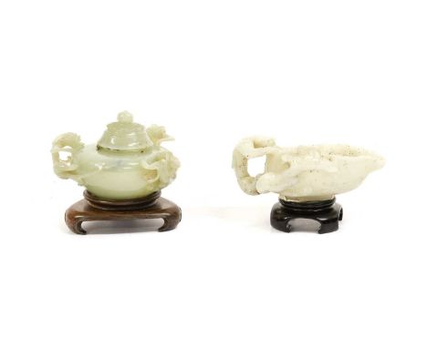 A Chinese Jade Censer and Cover, of compressed globular form, with three chilong handles11.5cm wide, on hardwood standA Simil