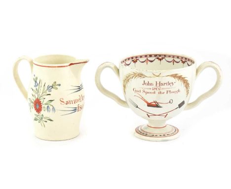 A Pearlware Loving Cup, 1801, the ovoid bowl inscribed "John Hartley, 1801, God Speed the Plow" and with farming implements 1