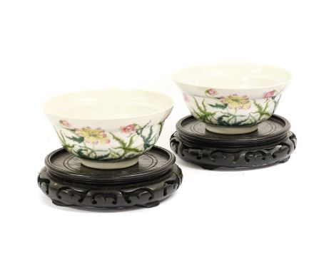 A Pair of Chinese Porcelain Bowls, Yongzheng reign mark but not of the period, of ogee Form painted in famille rose enamels w