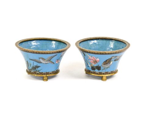 A Pair of Japanese Cloisonne Cache Pots, Meiji period, of bucket form decorated with birds amongst foliage, on peg feet19cm d